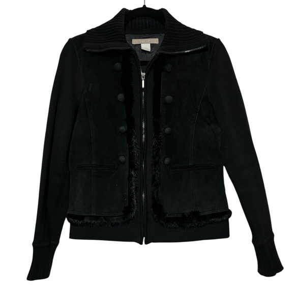 Ingenue Black Leather Suede Rabbit Fur Ribbed Knit Jacket Women’s Size Medium - Picture 1 of 12